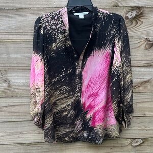 Diane Von Furstenberg black pink 3/4 sleeve silk blouse size 14